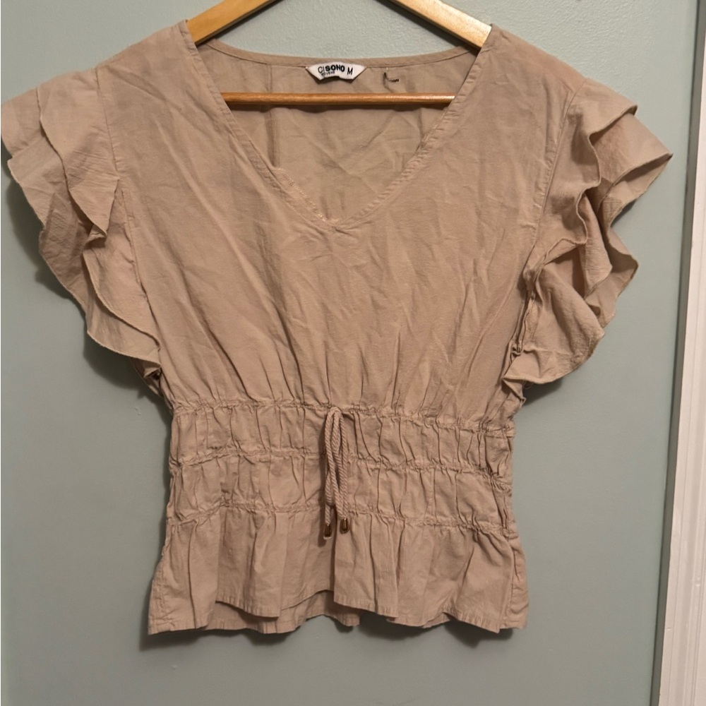 Ci Sono Women's Beige Ruffle Sleeve Blouse 100%cotton